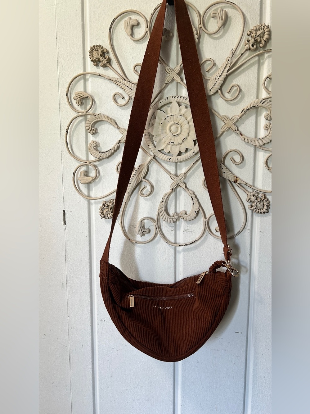 Joules Brown Corduroy Crescent Crossbody Bag